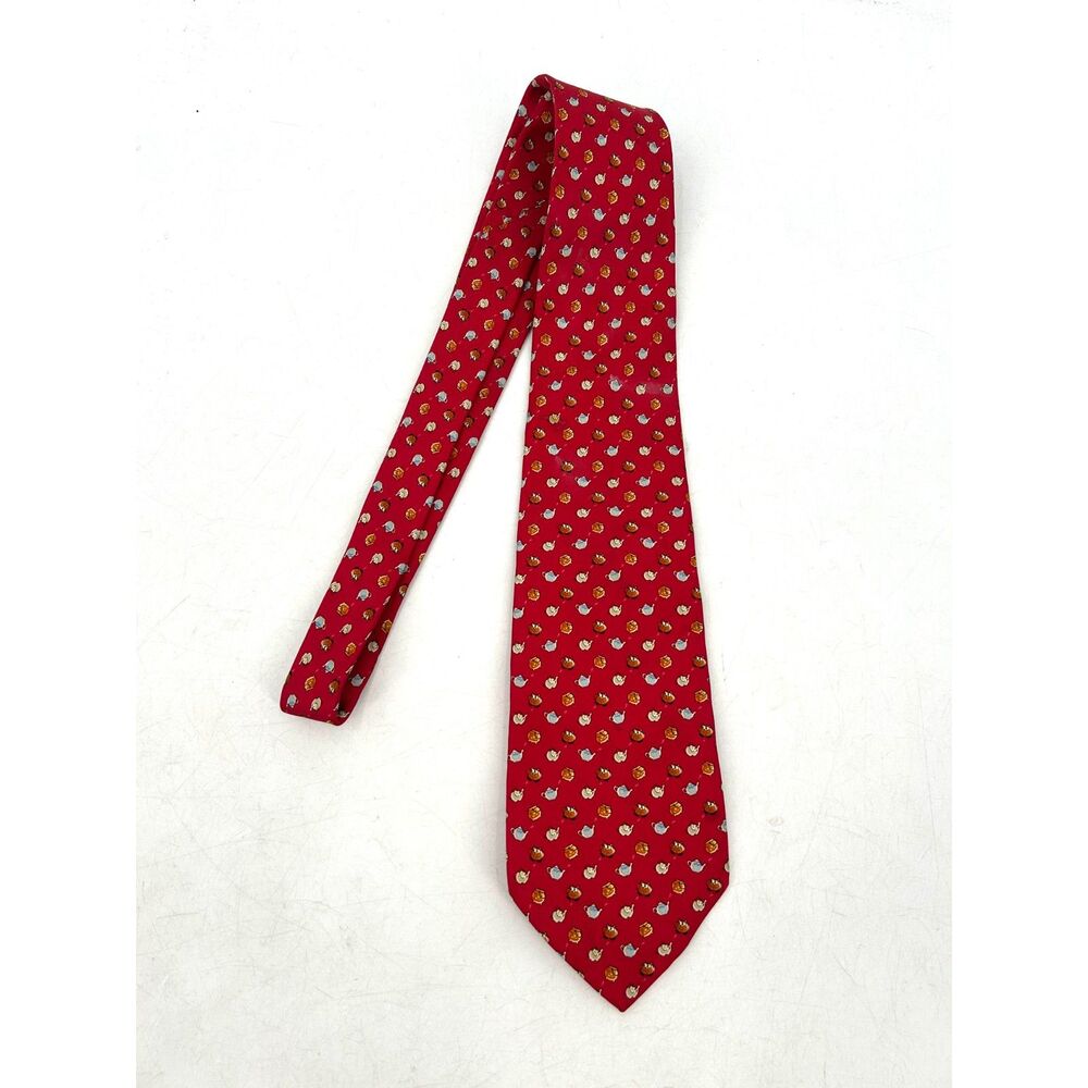 SALVATORE FERRAGAMO Red Owl Teapot Novelty Print 100% Silk Tie Italy